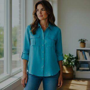 INC International Concepts Linen Button Up Shirt Sz 8 Turquoise #208H